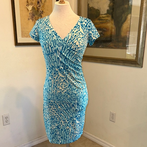 JB by Julie Brown Dresses & Skirts - JB by JULIE BROWN NYC Blue/White Leopard Print V-Neck Dress Size Small